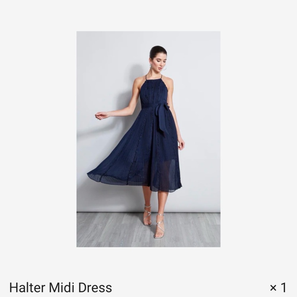 Elie Tahari Navy Halter Sleeveless Pleated Maxi Dress with Waist Tie